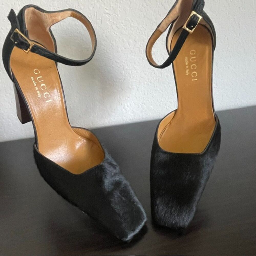 Vintage GUCCI by Tom Ford 1996 Runway Black Pony Hair Wood Block Heels 6.5C